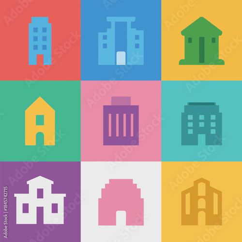 Colorful house and building icon grid set with residential home apartment urban architecture flat vector illustration