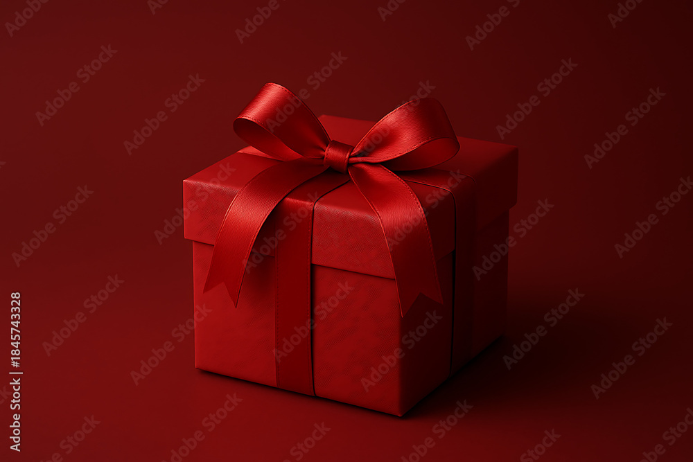 Fototapeta premium Minimalist dark red square gift box with elegant silky ribbon bow for holiday celebration and special occasions mockup