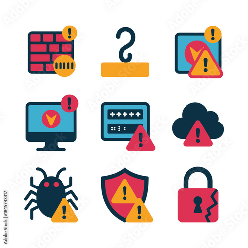 System security and cyber alert icon collection with malware shield password lock error warning symbols flat vector illustration design