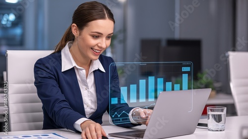 A smiling businesswoman in a suit works on a laptop with a holographic financial graph overlay.