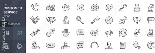 Set of 27 Line Vector Icons for Customer Service, Support, and Assistance, Featuring Call, Contact, Help Desk, and Communication Symbols.