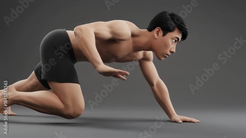 Side view animation of a human character doing push ups, focus on arm and core movement