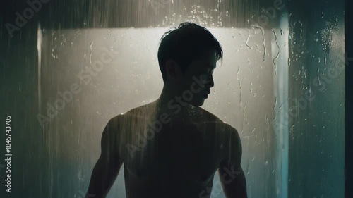 a person showering, focus on water droplets and body