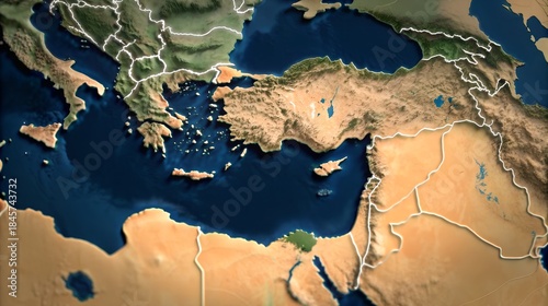 Detailed relief map of the mediterranean sea region with surrounding landmasses
