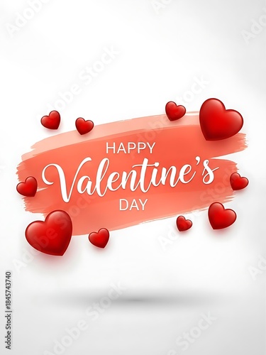Happy valentines day greeting with hearts on pink brush stroke background