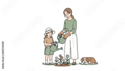 Mother and daughter watering flowers, with a dog resting nearby on a bright sunny day