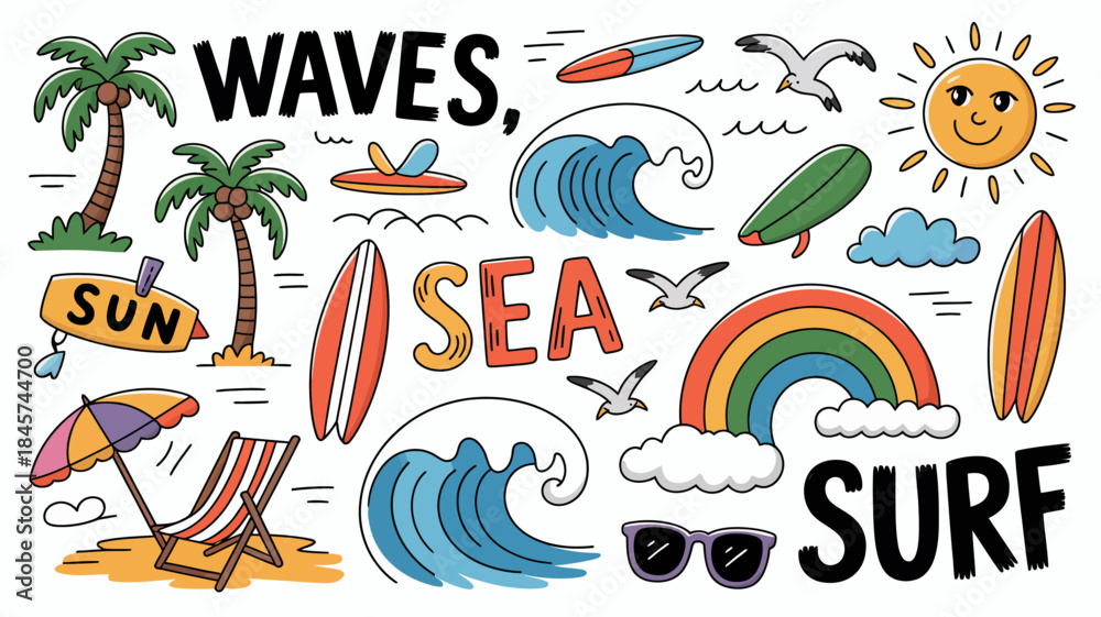 Naklejka premium Vibrant Beach Scene with Waves, Surfing, and Tropical Elements