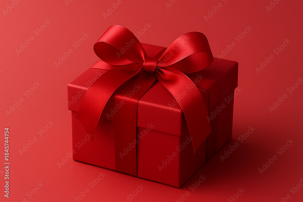 Obraz premium Elegant square gift box wrapped with a satin red ribbon and bow isolated on a vibrant crimson background for holiday promotions mockup