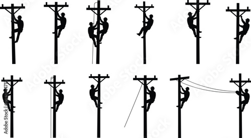 Silhouette lineman climbing utility pole, electrical worker at height, power line maintenance, safety helmet, telecommunication technician, vector isolated white background