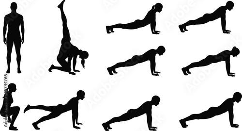 Silhouette illustrations of diverse fitness exercises, including push-ups, squats, stretching, yoga poses