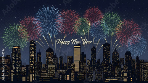 New Year's Eve Cityscape: Capturing the celebratory spirit, dazzling fireworks light up the night sky above a silhouetted cityscape, heralding the arrival of a fresh new year with hope and promise.