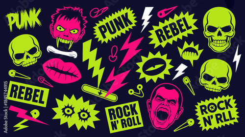 Vibrant Punk Rock Graphic Design with Skulls and Text