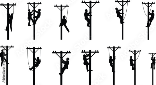 Silhouette lineman climbing utility pole, electrical worker with safety helmet, power line technician working, telecommunication maintenance, vector isolated on white