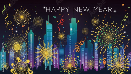 New Year's Eve Celebration: Festive fireworks explode over a city skyline, heralding the arrival of a New Year, with vibrant colors and joyful spirit.