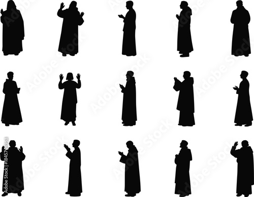 Silhouette monks praying and standing, religious monks icons, spiritual people silhouettes, monk figures in robes, meditative monks vector, peaceful worship images
