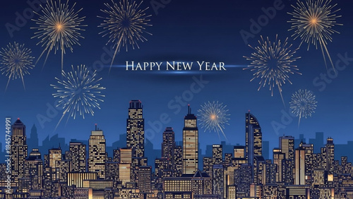 New Year's Eve City Celebration: A vibrant display of fireworks illuminates a cityscape, celebrating the arrival of a New Year, with festive energy in the night sky.