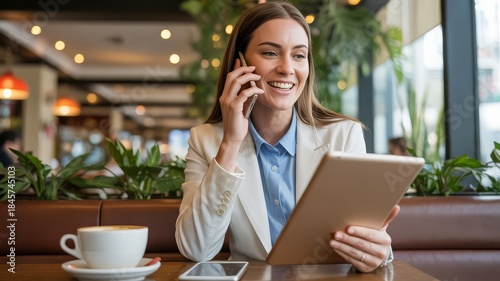 A smiling businesswoman in a white blazer talks on her phone while holding a tablet in a cafe.