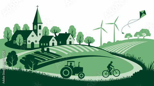 Peaceful Rural Village with Wind Turbines and Farming Activity