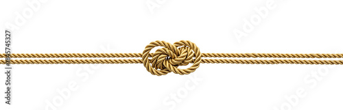Close-up of a strong, secure knot formed from two intertwined golden ropes on a white background