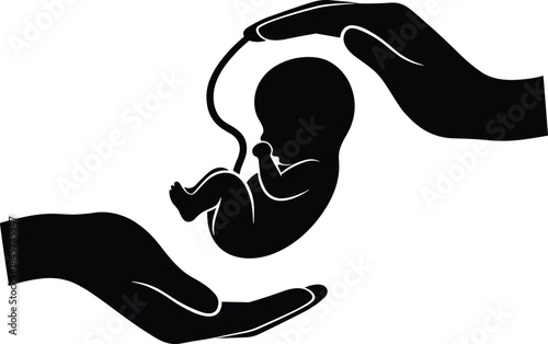 Silhouette of baby fetus in womb held by hands, pregnancy care concept, prenatal protection illustration, maternal health vector, life beginning symbol design
