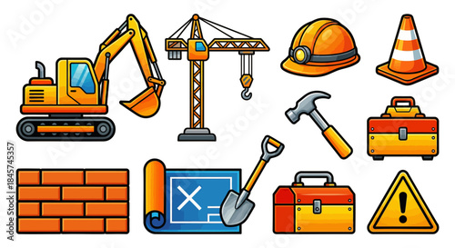 Construction equipment and tools, including excavator, crane, hard hat, toolbox, hammer, blueprint, shovel, bricks, and caution sign for building industry projects