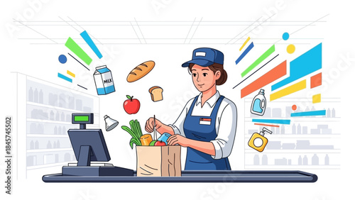 Cashier at grocery store checkout packing groceries into bag