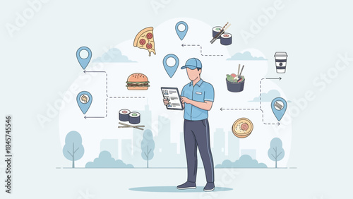 Delivery driver with a tablet and various food items on a map