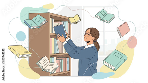 Young woman choosing a book from a bookshelf