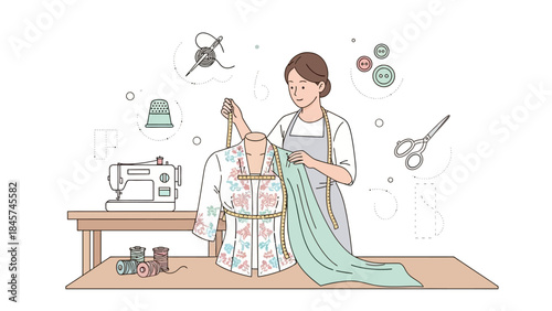 Fashion designer at work with sewing machine and dress form.