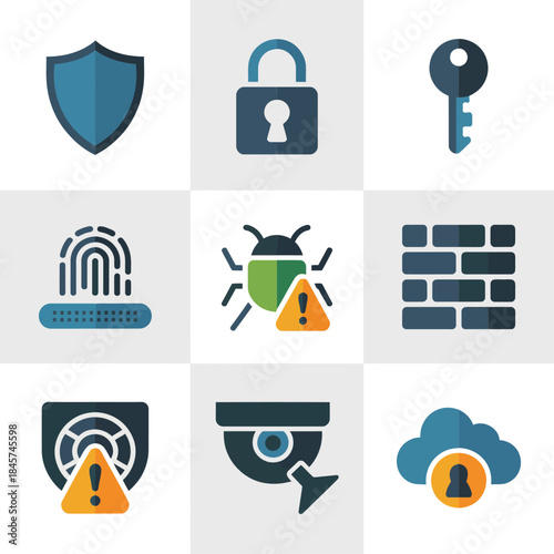 Cyber security protection icon set with shield lock fingerprint firewall camera flat vector illustration for data safety concepts
