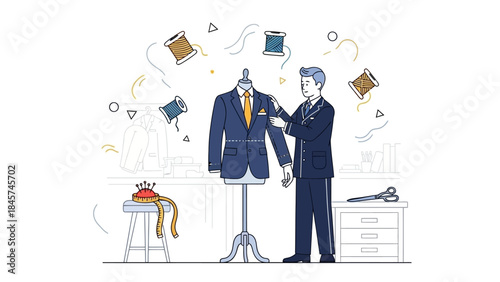 Professional tailor adjusting a custom suit on a mannequin, showcasing bespoke fashion.