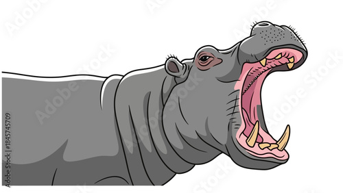 Cartoon Hippopotamus Yawning with Wide Open Mouth and Tusks on White Background