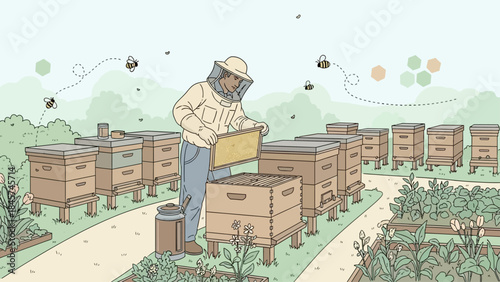 A beekeeper harvests honey from an apiary with numerous beehives.