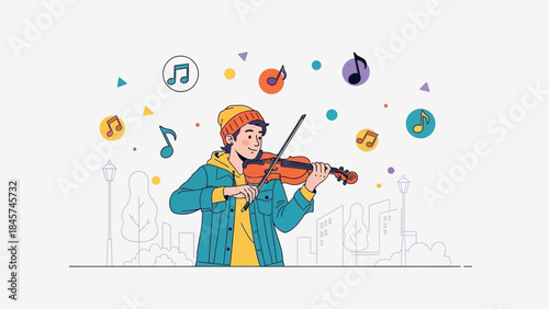 Young Musician Playing Violin in Urban Setting with Floating Music Notes