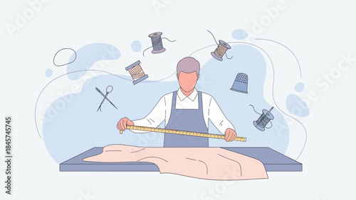 Tailor measuring fabric with various sewing tools.