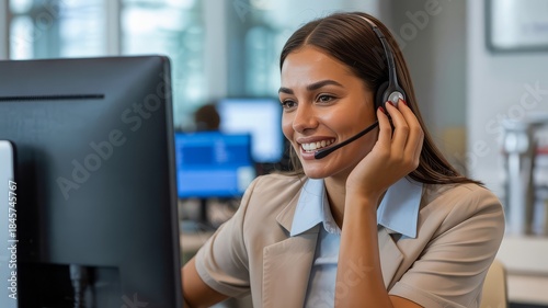 A smiling young woman wearing a headset and a beige blazer, working at a computer in an office environment.