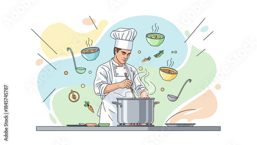 Professional Chef Cooking Delicious Food in a Modern Kitchen Illustration