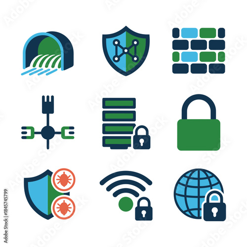 Data protection and online security icon set with shield lock server connection flat vector illustration for technology platforms
