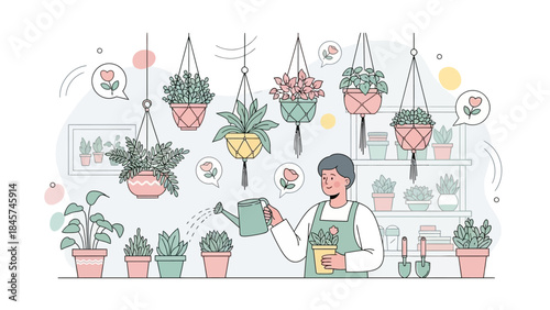 Person watering plants in a cozy indoor garden.