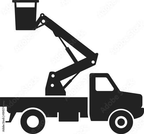 Silhouette of bucket truck with hydraulic arm, elevated work platform, aerial lift vehicle, construction equipment, maintenance truck, industrial machinery, utility service