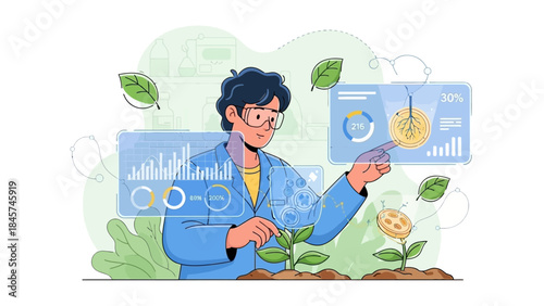 Scientist analyzing plant growth data on futuristic interface.