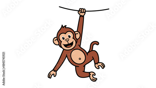 Happy cartoon monkey hanging from a vine