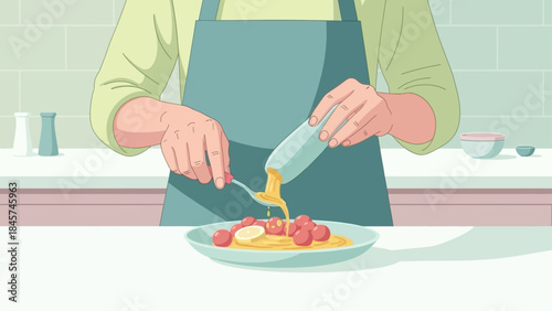 Person adding dressing to a salad with tomatoes and lemon.