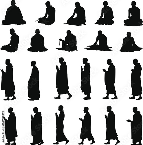 Silhouette of Buddhist monks in various poses, meditation, prayer, walking, spiritual practice, calm, peaceful, religion, mindfulness, traditional robes, vector illustration
