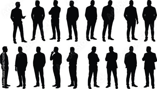 Silhouette of business men standing, walking, talking, and thinking, formal male pose collection, professional businessman vector illustration set for corporate, office, team design