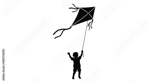 A child flying a kite on a bright day black silhouette