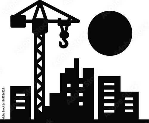Silhouette of construction crane with city buildings and sun, vector illustration for architecture, real estate development, engineering and industrial use