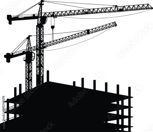 Silhouette of construction cranes lifting materials over unfinished building structure, industrial site, heavy machinery, building process, architecture, steel framework, construction industry