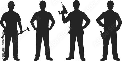Silhouette of construction workers with tools, wearing hard hats, power drill, hammer, safety gear, builder team, repairman, standing pose