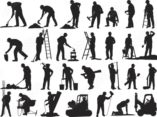 Silhouette of construction workers using tools, heavy machinery, working on site, building, repairing, digging, lifting, industrial labor, black and white illustration
